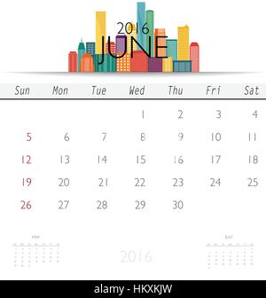 2016 calendar with Creative building design template, monthly calendar for June. Vector illustration. Stock Vector