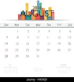 2016 calendar with Creative building design template, monthly calendar for August. Vector illustration. Stock Vector