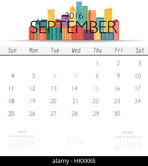 2016 calendar with Creative building design template, monthly calendar for September. Vector illustration. Stock Vector