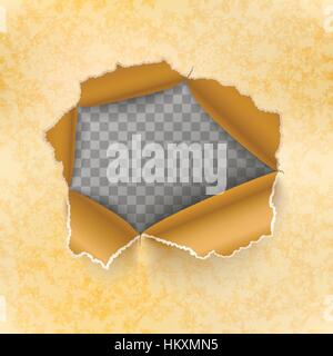 Torn hole in yellow sheet of old paper on transparent background Stock Vector