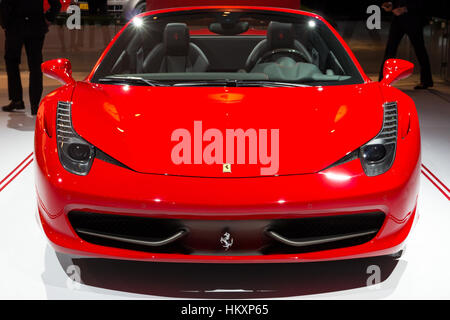 AMSTERDAM - APRIL 16, 2015: Ferrari 458 Spider at the AutoRAI 2015. The 458 replaced the Ferrari F430 in 2009 and is now replaced by the Ferrari 488 G Stock Photo