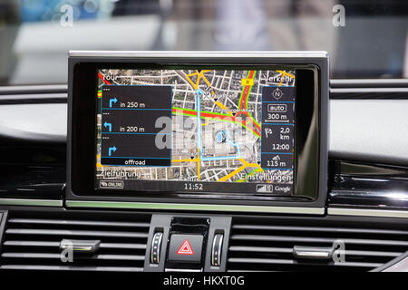 FRANKFURT, GERMANY - SEP 16, 2015: Car navigation in the Audi RS7 shown at the IAA 2015. Stock Photo