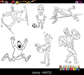 Black and White Coloring Book Cartoon Illustration of Sportsman Characters and Sports Discipline Stock Vector