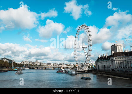 London, United Kingdom - October 18, 2016: View on the London Eye and the Thames river in London, UK Stock Photo