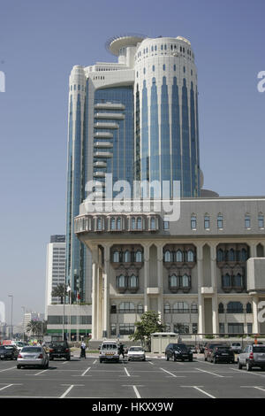 Department of Economic Development building and Etisalat skyscraper, Dubai City, United Arab Emirates Stock Photo