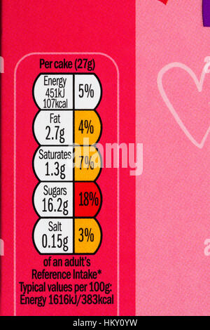 GDA information with traffic light colour coded system on box of Mr Kipling Fancy a Kiss Fondest Fancies cakes Stock Photo