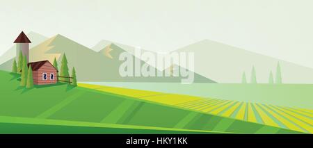 Digital vector abstract background with pines, green and yellow fields and clouds, farm house, mountains, flat triangle style Stock Vector