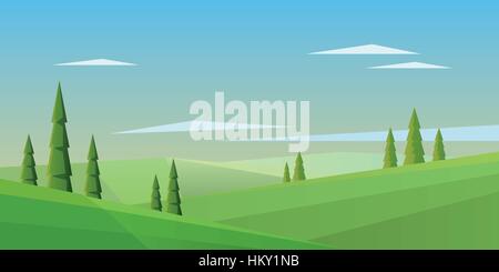 Digital vector abstract background with pines, green fields and clouds, flat triangle style Stock Vector