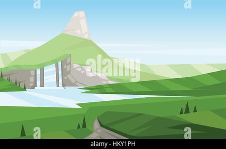Digital vector abstract background with trees, a waterfall in the mountains and silver stones, green fields, flat cartoon triangle style Stock Vector