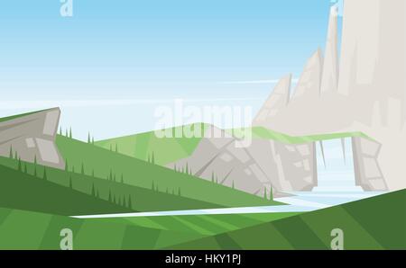 Digital vector abstract background with trees, a waterfall in the mountains and silver stones, green fields, flat cartoon triangle style Stock Vector