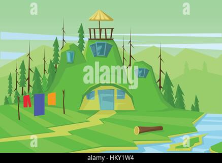 Digital vector abstract background with pines, eco house in the forest near a river, mountains, flat cartoon triangle style Stock Vector