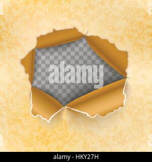 Torn hole in yellow sheet of old paper on transparent background Stock Vector