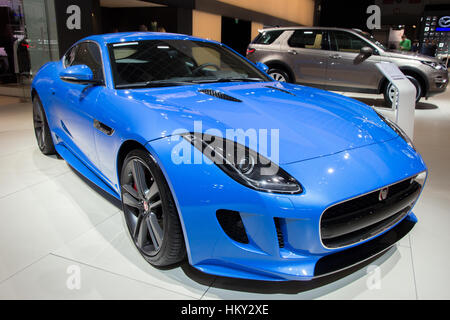 BRUSSELS - JAN 12, 2016: Jaguar F-Type coupe on display at the Brussels Motor Show. Stock Photo