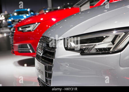 BRUSSELS - JAN 12, 2016: New Audi cars on display at the Brussels Motor Show. Stock Photo