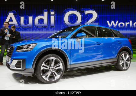 GENEVA, SWITZERLAND - MARCH 1, 2016: 2016 Audi Q2 crossover debuts at the 86th International Geneva  Motor Show in Palexpo, Geneva. Stock Photo