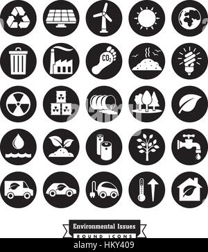 Collection of Environment and Climate related round black vector icons Stock Vector