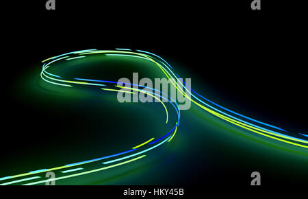 Shining lines as abstract background. Green and blue vivid lighting trails.