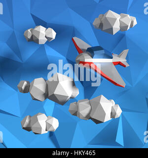 Low poly sky with clouds and small airplane. Stock Photo