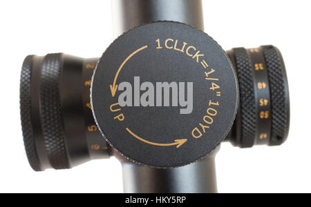 Knob used to adjust for elevation on a high powered rifle scope Stock Photo