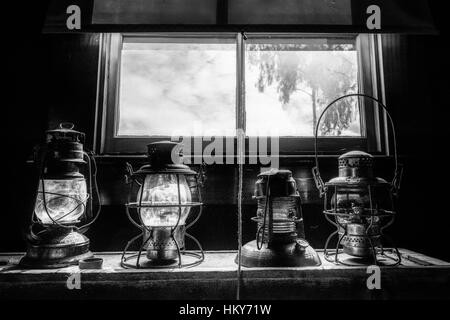 Railroad lanterns in the National City Depot, a restored train depot from 1882 in National City, California. Stock Photo