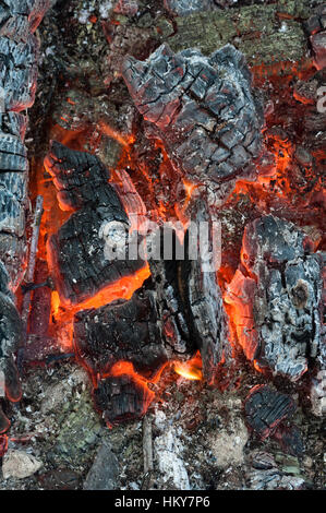 Closeup of glowing wood in a garden bonfire Stock Photo