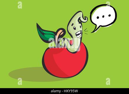 Beautiful illustration of a happy worm coming out of a hole in an apple Stock Vector