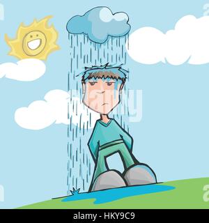 Man with bad luck, under a rainy cloud Stock Vector