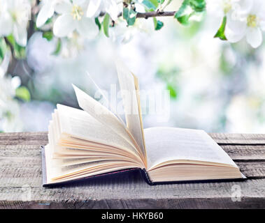 Open book on wooden table outdoors on natural spring or summertime background. Return to spring or summer time. Invitation to study literatures Stock Photo