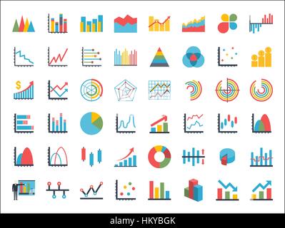 Business data market elements dot pie bar charts diagrams and graphs flat icons set. Statistic and data, information infographic. Isolated on a white  Stock Vector