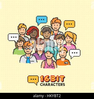 A group of young adult characters in 16-bit graphics. Vector illustration Stock Vector