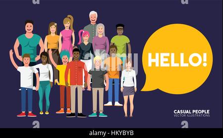 A crowd of happy and welcoming diverse casual people characters . Vector illustration Stock Vector