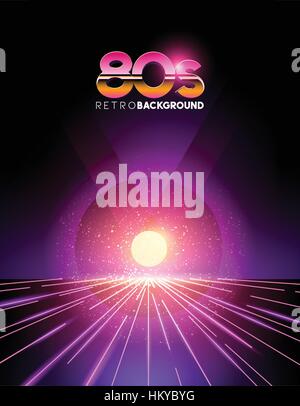retro 1980's style neon digital abstract background with laser beams and a sunset. Stock Vector