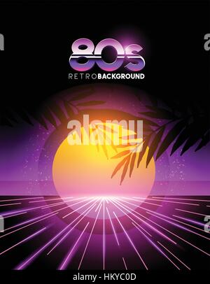 retro 1980's style neon digital abstract background with laser beams and a sunset. Stock Vector