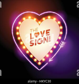 A glowing and lit up neon heart shaped love sign with room for text. Vector illustration Stock Vector