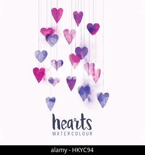 A set of watercolour love hearts on strings. Vector illustration. Stock Vector