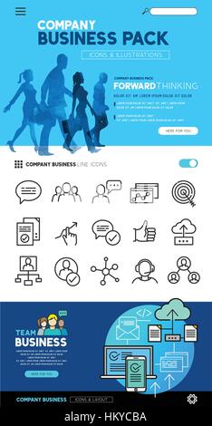 Business layout designs with flat icon set and people illustrations - vector collection. Stock Vector