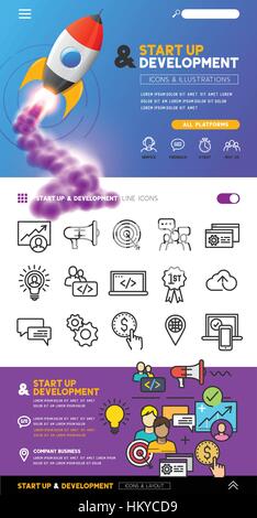 business startup and development concept with illustrations and design with line icons. vector Stock Vector