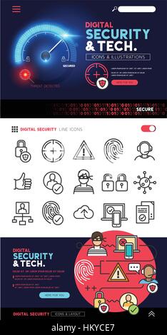 Digital Security and Technology designs with a flat icon set and privacy and cyber safety illustrations - vector collection. Stock Vector