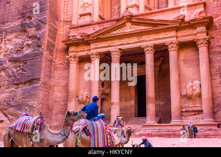 GRose Red Treasury in Afternoon Becomes Golden in Morning Camels Siq Petra Jordan Petra Jordan.  Treasury built by the Nabataens in 100 BC. Stock Photo