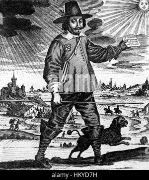 GERMAN POSTMAN employed by Nuremberg in the mid-17th century carrying his wand of office and holding a paper saying 'Good news from Turkey and India'. The city of Nuremberg is shown in e right hand background. Stock Photo
