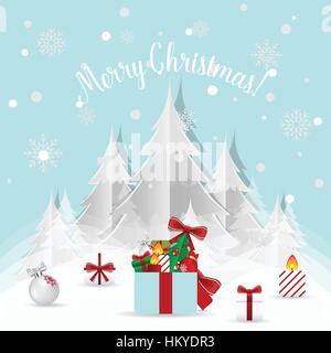 Christmas Greeting Card with Christmas tree and Christmas decorations. Vector illustration. Stock Vector