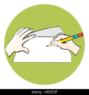 Human hand writing with pencil on paper. Isolated on white background Stock Vector