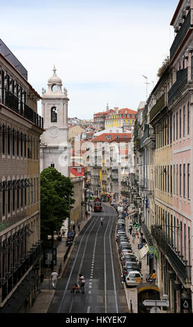 Antique trolleys in Lisbon, Portugal. Vintage yellow trams. Stock Photo