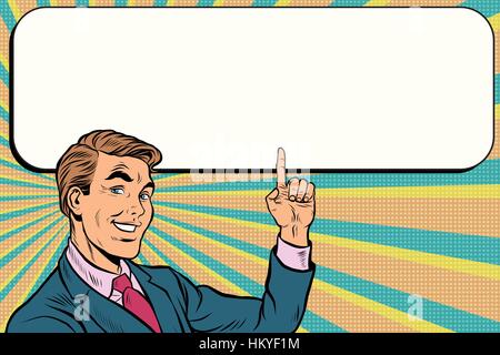 Businessman points up to copy space background Stock Vector