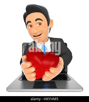 3d business people illustration. Businessman coming out a laptop screen with a red heart. Isolated white background. Stock Photo