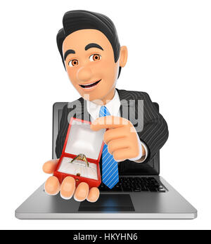 3d business people illustration. Businessman coming out a laptop screen with an engagement ring . Isolated white background. Stock Photo