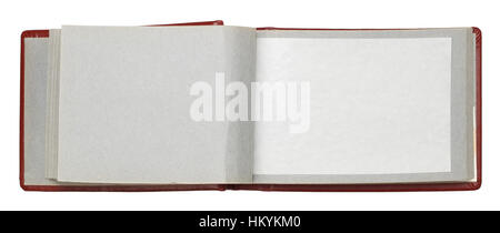 Open empty retro photo album. Cover from genuine red leather. Thick cardboard pages. Isolated with patch Stock Photo