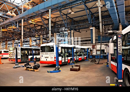 PRAGUE, CZECH REPUBLIC - SEPTEMBER 17: Inspection of chassis of public buses in workshop in Depot Hostivar on Open Doors Day in the Prague Public Tran Stock Photo