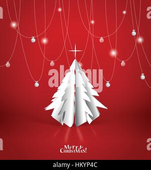 Merry Christmas greeting card with origami Christmas tree, vector illustration. Stock Vector