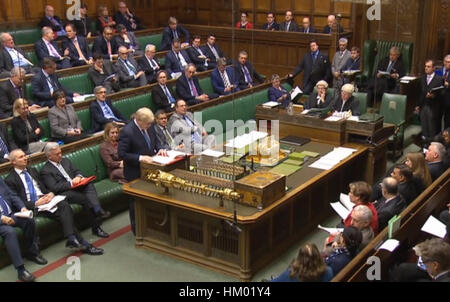 Foreign Secretary Boris Johnson makes a statement in the House of Commons, London, where he told MPs that 'all British passport holders remain welcome to travel to the US' and the US Embassy had given assurances that Donald Trump's executive order would make 'no difference to any British passport holder irrespective of their country of birth or whether they hold another passport'. Stock Photo